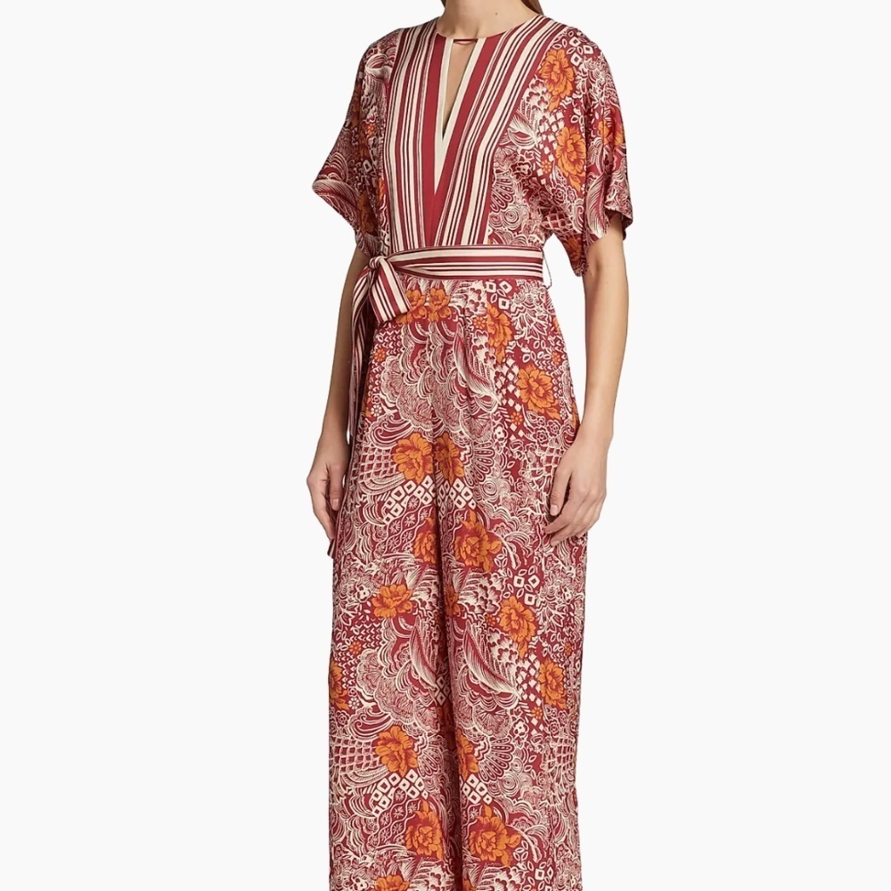Elie Tahari Jumpsuit Silk Occasion Jumpsuit Botanical All Over Print V-Neck Belt - Picture 16 of 16